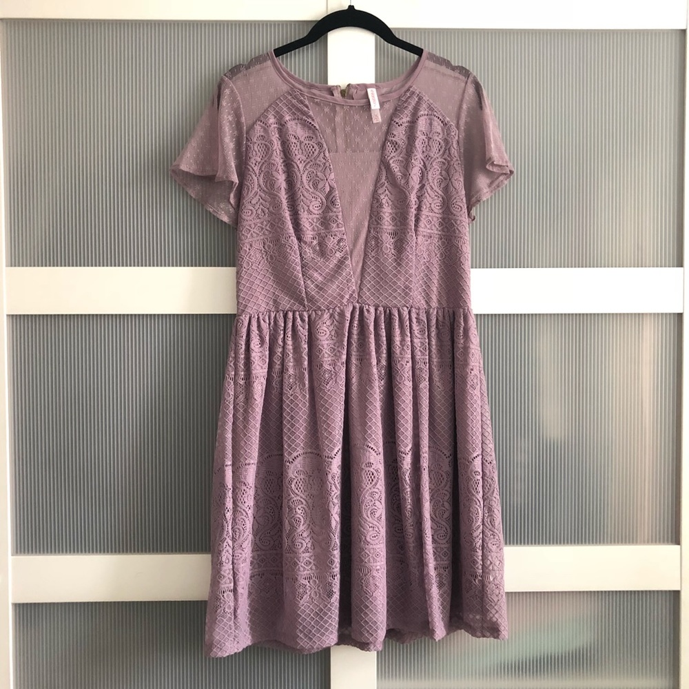 Purple Lace Illusion-Neck Dress